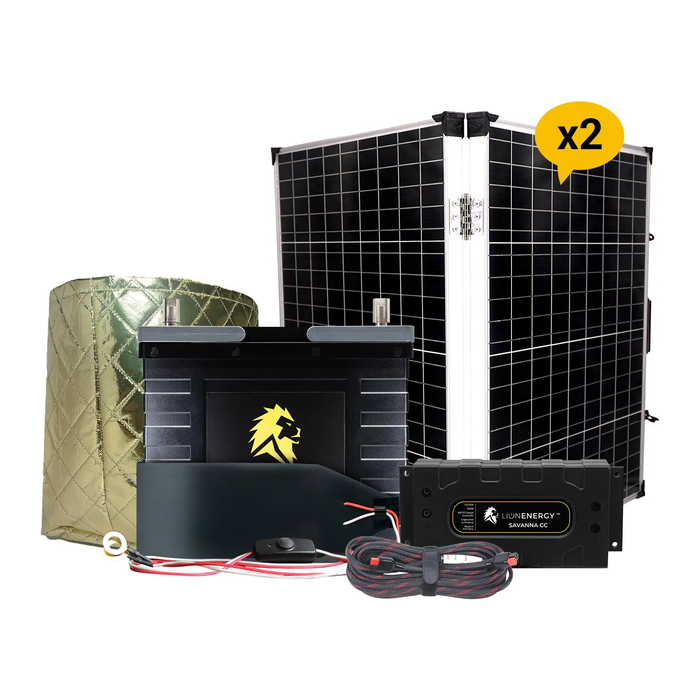 Lion Energy 12V Lithium Battery 105Ah Solar Power System 1-UT1300 w/ Battery Warmer + 2 Panels 999RV160