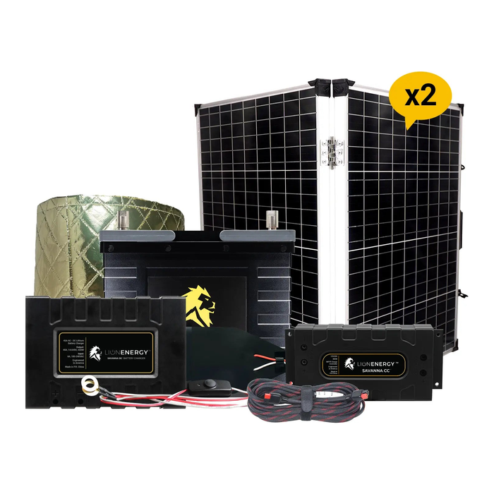 Lion Energy 12V Lithium Battery 105Ah Solar Power System 1-UT1300 w/ Charger + Warmer + 2 Panels 999RV152