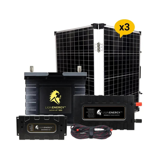 Lion Energy 12V Lithium Battery 105Ah Solar Power System with Inverter 1 - UT1300 + 3 Panels 999RV130