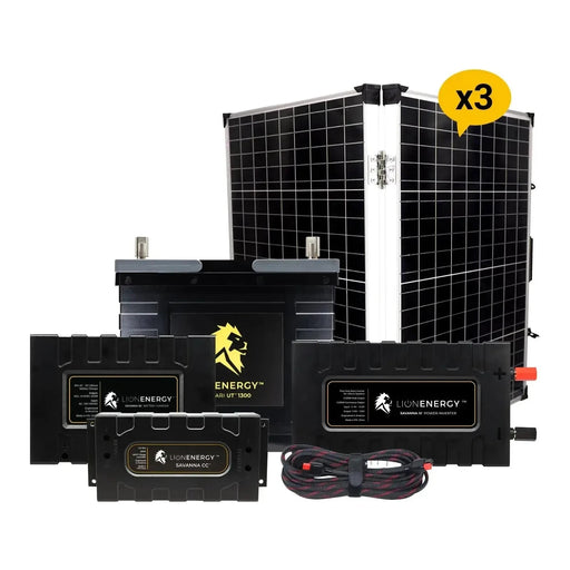 Lion Energy 12V Lithium Battery 105Ah Solar Power System with Inverter 1 - UT1300 w/ Battery Charger + 3 Panels 999RV122