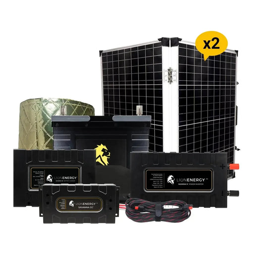 Lion Energy 12V Lithium Battery 105Ah Solar Power System with Inverter 1 - UT1300 w/ charger + warmer + 2 Panels 999RV156