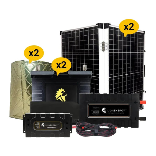 Lion Energy 12V Lithium Battery 210Ah Solar Power System with Inverter 2 - UT 1300s w/ 2 battery warmers + 2 Panels 999RV264