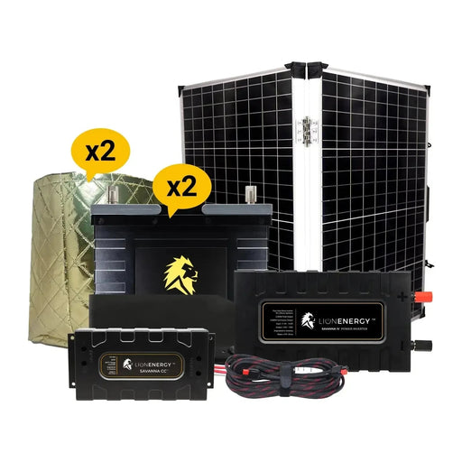 Lion Energy 12V Lithium Battery 210Ah Solar Power System with Inverter 2 - UT 1300s w/ 2 battery warmers + Panel 999RV263