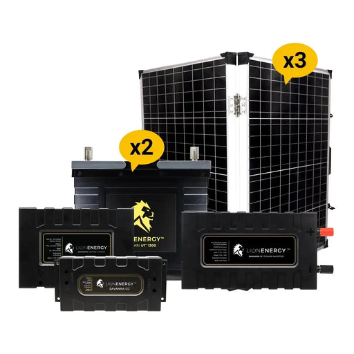 Lion Energy 12V Lithium Battery 210Ah Solar Power System with Inverter 2 - UT 1300s w/ battery charger + 3 Panels 999RV222