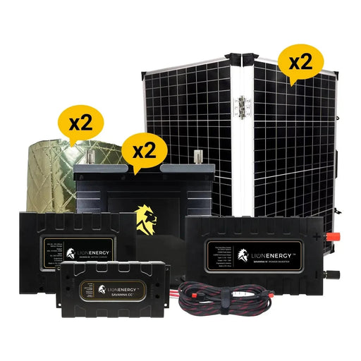 Lion Energy 12V Lithium Battery 210Ah Solar Power System with Inverter 2 - UT 1300s w/ charger + 2 warmers + 2 Panels 999RV256