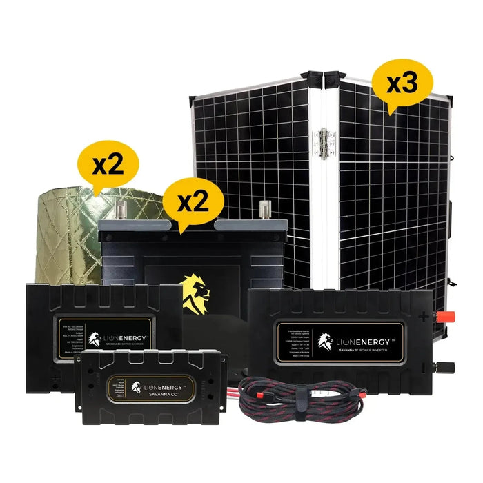 Lion Energy 12V Lithium Battery 210Ah Solar Power System with Inverter 2 - UT 1300s w/ charger + 2 warmers + 3 Panels 999RV257