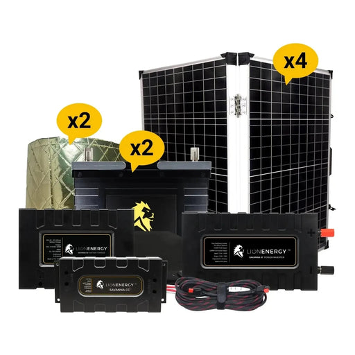 Lion Energy 12V Lithium Battery 210Ah Solar Power System with Inverter 2 - UT 1300s w/ charger + 2 warmers + 4 Panels 999RV258