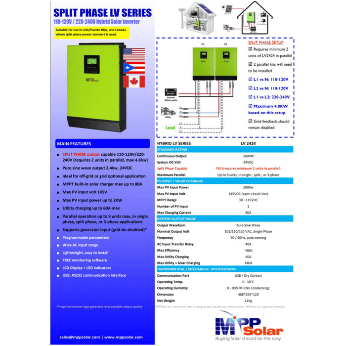 MPP Solar LV2424 Hybrid Inverter 2400W 24V 120V Output + 2kW Solar Input 80A MPPT Charge Controller