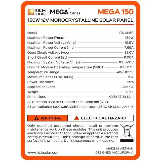 Rich Solar MEGA 150 Watt Monocrystalline Solar Panel