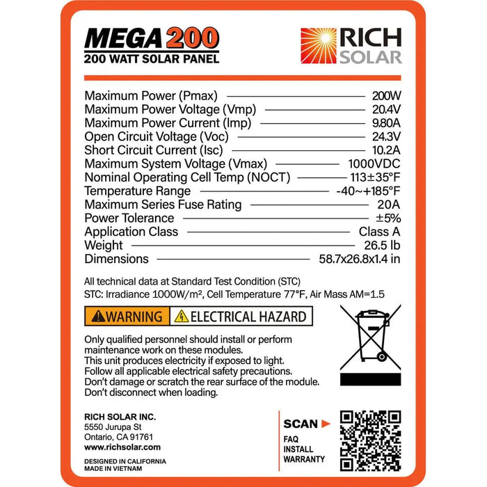 Rich Solar MEGA 200 Watt Monocrystalline Solar Panel