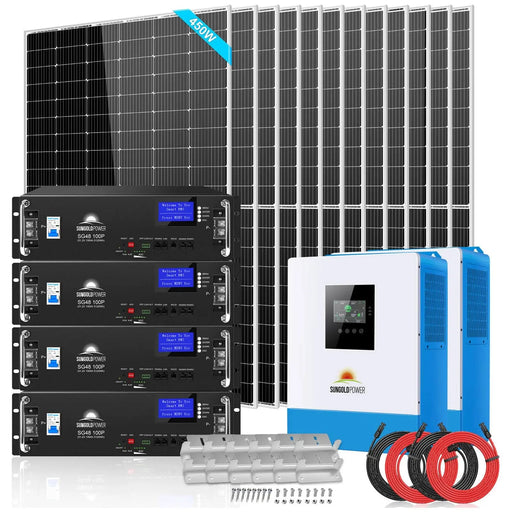 Sungold Power Off Grid Solar Kit 10000W 48VDC 120V/240V LIFEPO4 20.48KWH Lithium Battery 12 X 450 Watts Solar Panels SGR-10K2M