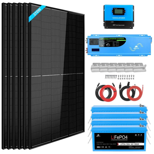 Sungold Power Off Grid Solar Kit 6000W 24VDC 120V/240V LIFEPO4 10.24KWH Lithium Battery 6 X 370 WATT Solar Panels SGK-PRO62