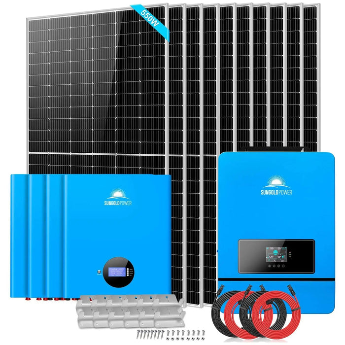 SunGoldPower 10 x 550 Watts Solar Panels + 4 x 5.12KWH Powerwall Lithium Battery + 10KW 48VDC 120V/240V Solar Inverter Off-Grid Solar Kit SGM-10K20