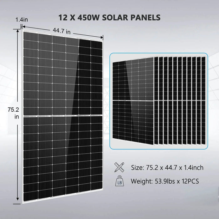 SunGoldPower 10000W 48VDC 120V/240V Solar Inverter + LIFEPO4 20.48KWH Lithium Battery + 12 x 450 Watts Solar Panels Off-Grid Solar Kit SGR-10K2M