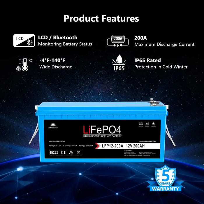 SunGoldPower 2 x 12V 200AH LIFEPO4 Deep Cycle Lithium Battery with Bluetooth, Self-Heating & IP65