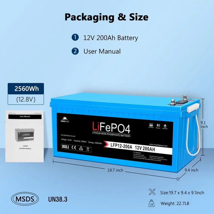 SunGoldPower 2 x 12V 200AH LIFEPO4 Deep Cycle Lithium Battery with Bluetooth, Self-Heating & IP65