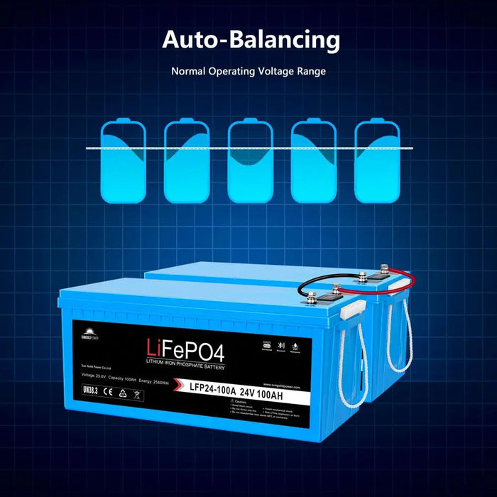 SunGoldPower 2 x 24V 100AH LIFEPO4 Deep Cycle Lithium Battery with Bluetooth, Self-Heating & IP65