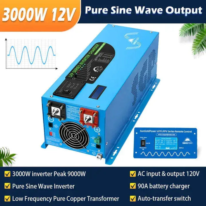 SunGoldPower 3000W 12VDC 120V Output Inverter + LifePO4 Battery + 600 Watts Solar Panels Off-Grid Solar Kit SGK-PRO3