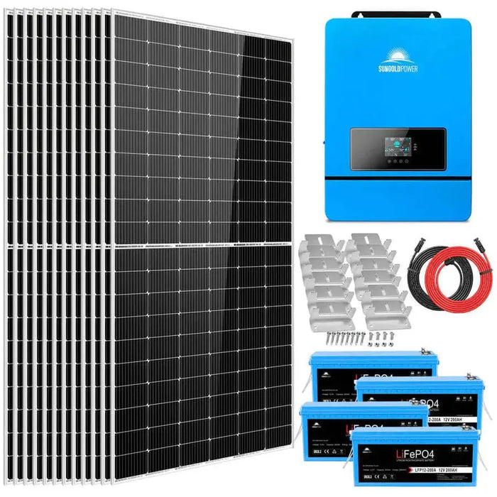 SunGoldPower 8000W 48V 120V/240V Solar Inverter + 10.24KWH Lithium Battery + 12 x 450 Watts Solar Panels Complete Off-Grid Solar Kit SGK-8MAX