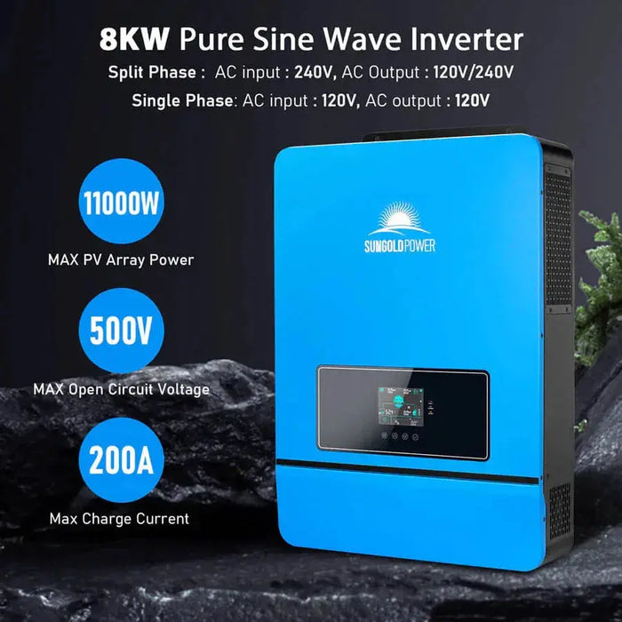 SunGoldPower 8000W 48V 120V/240V Solar Inverter + 10.24KWH Lithium Battery + 12 x 450 Watts Solar Panels Complete Off-Grid Solar Kit SGK-8MAX